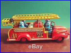 Very Rare 1950s Marusan Japan Large Tin Friction Fire Ladder Truck with Or. Box