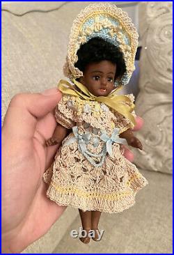 Very Rare Antique Large All Bisque 6 Black Doll Barefoot Mignonette Glass Eyes