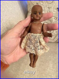 Very Rare Antique Large All Bisque 6 Black Doll Barefoot Mignonette Glass Eyes