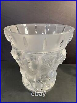 Very Rare Lalique Crystal Large 10 X 9 Standing Tigers Vase 2 Available MINT