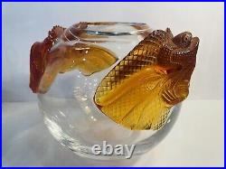 Very Rare Lalique Crystal Large Erimaki Amber Lizard Vase Bowl Excellent