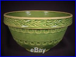 Very Rare Large 9 ¾ Inch Green Glaze Ornate Rrp Bowl Yellow Ware Mint