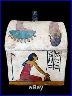 Very Rare Large Egyptian Royal Wood box antique Horus Anubis Scarab hieroglyphic