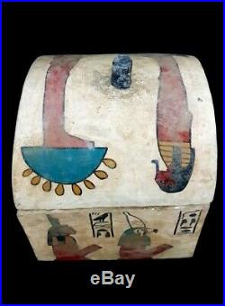 Very Rare Large Egyptian Royal Wood box antique Horus Anubis Scarab hieroglyphic