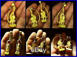 Very Rare Large Solid Gold Ancient Greek Winged Sphinx Earrings With Rubys. X27g