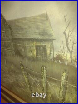 Very Rare Large Vintage Barn And Wagon Oil On Canvas Signed Painting