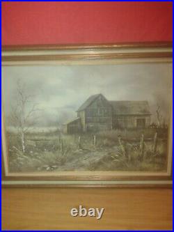 Very Rare Large Vintage Barn And Wagon Oil On Canvas Signed Painting