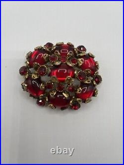 Very Rare Large Vintage Signed Hollycraft Brooch -Pendant. Ruby Red Cabachons