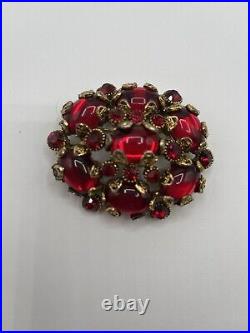 Very Rare Large Vintage Signed Hollycraft Brooch -Pendant. Ruby Red Cabachons
