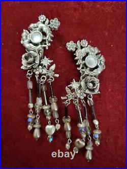 Very Rare Vtg Lrg Kirks Folly Silver-tone Cherub Floral Earrings 4 NEAR MINT