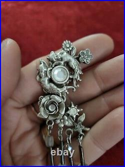 Very Rare Vtg Lrg Kirks Folly Silver-tone Cherub Floral Earrings 4 NEAR MINT