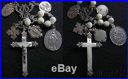 Very Unusual Large 1920's MOP, Sterling Catholic Rosary Many Rare Antique Medals