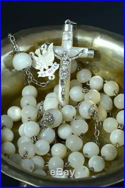 Very large 19thc french Rosary mother of pearl & sterling silver Ave Maria rare