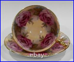 Very rare 1950s AYNSLEY LARGE PINK CABBAGE ROSES CUP & SAUCER Athens Shape