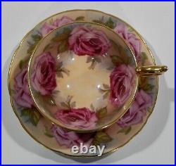 Very rare 1950s AYNSLEY LARGE PINK CABBAGE ROSES CUP & SAUCER Athens Shape