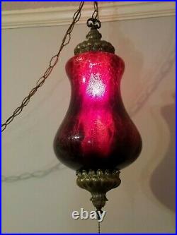 Vintage Very Large Red Crackle Glass Swag Lamp with Diffuser 27 tall Rare