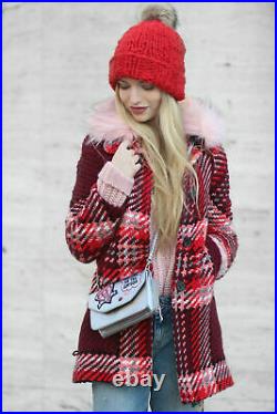 Zara VERY RARE WOOL Pink Red Tartan Checked Coat Fur Bloggers 7690/639 LARGE L